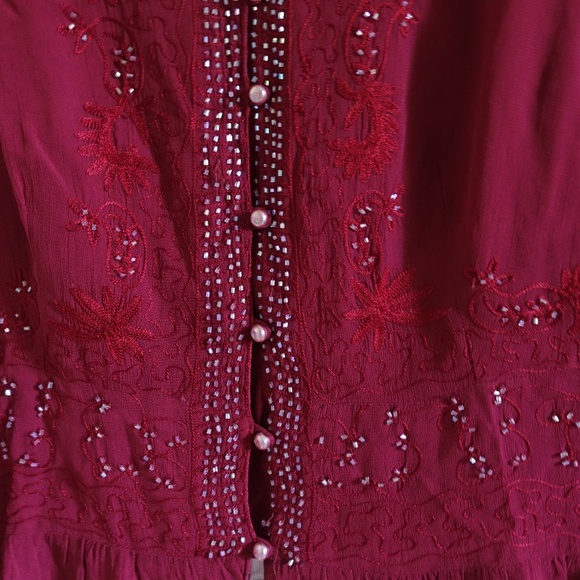 Burgundy Red Beaded Embroidered Sheer Vintage Blouse Size L - Picture 3 of 5